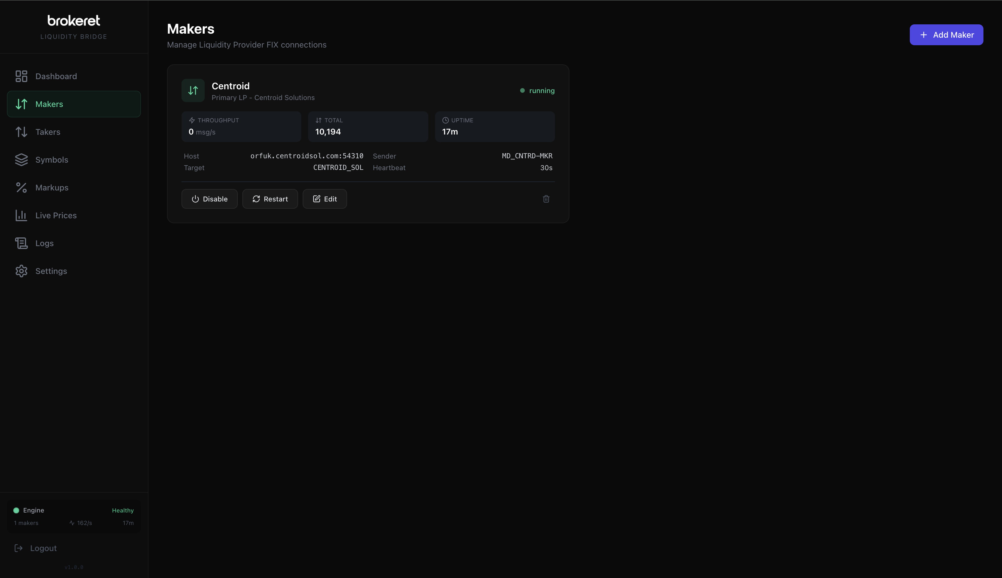 LiquidityBridge Makers panel — manage FIX API connections to Liquidity Providers with throughput, uptime, and connection controls