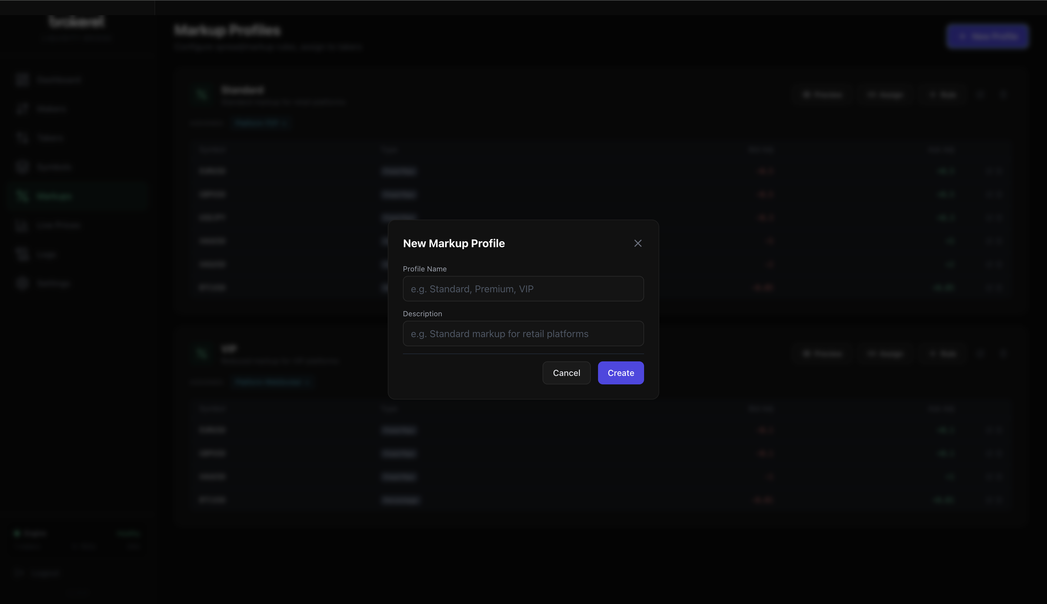 LiquidityBridge New Markup Profile dialog — create Standard, Premium, VIP profiles with custom descriptions