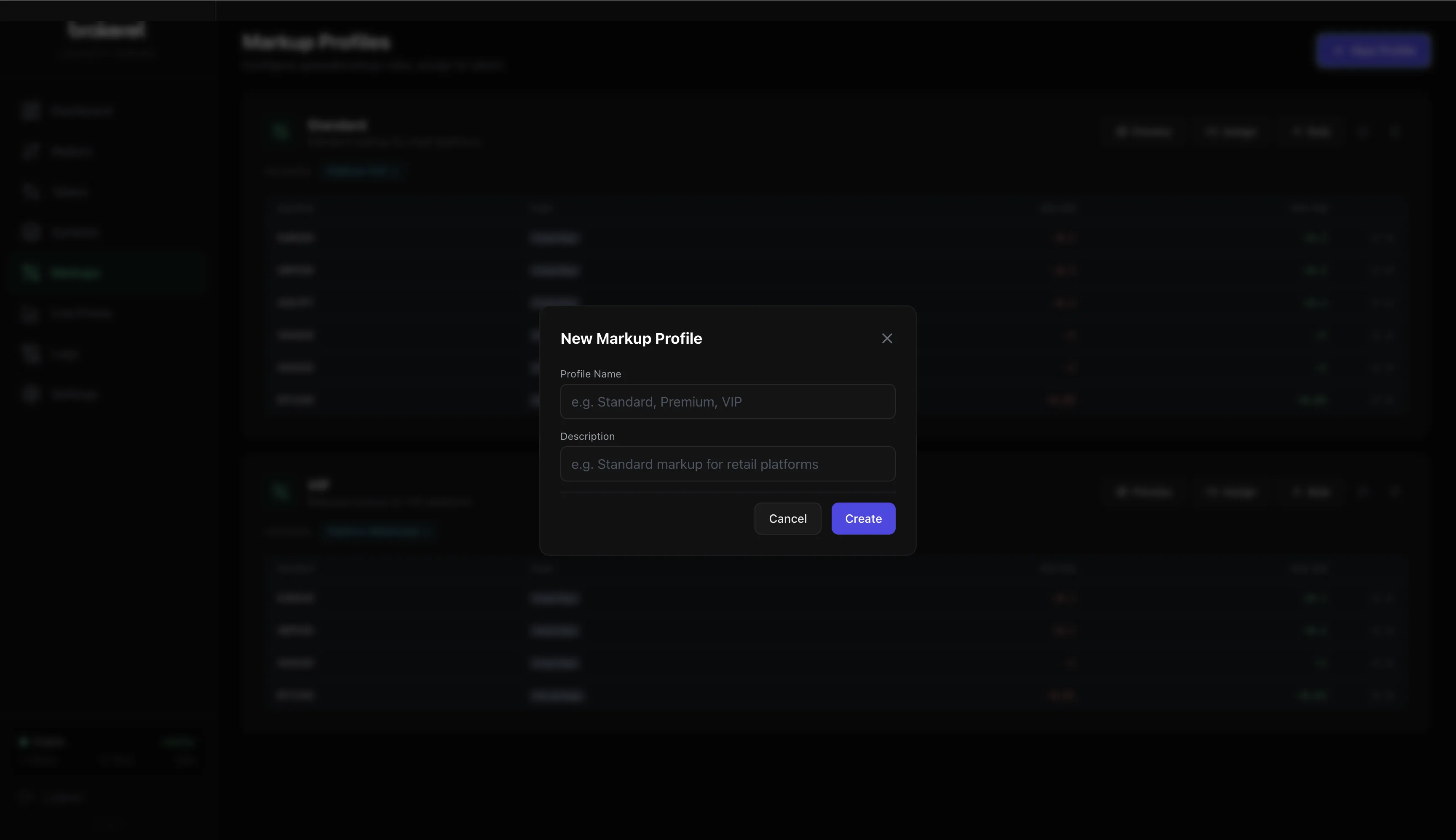 LiquidityBridge New Markup Profile dialog — create Standard, Premium, VIP profiles with custom descriptions