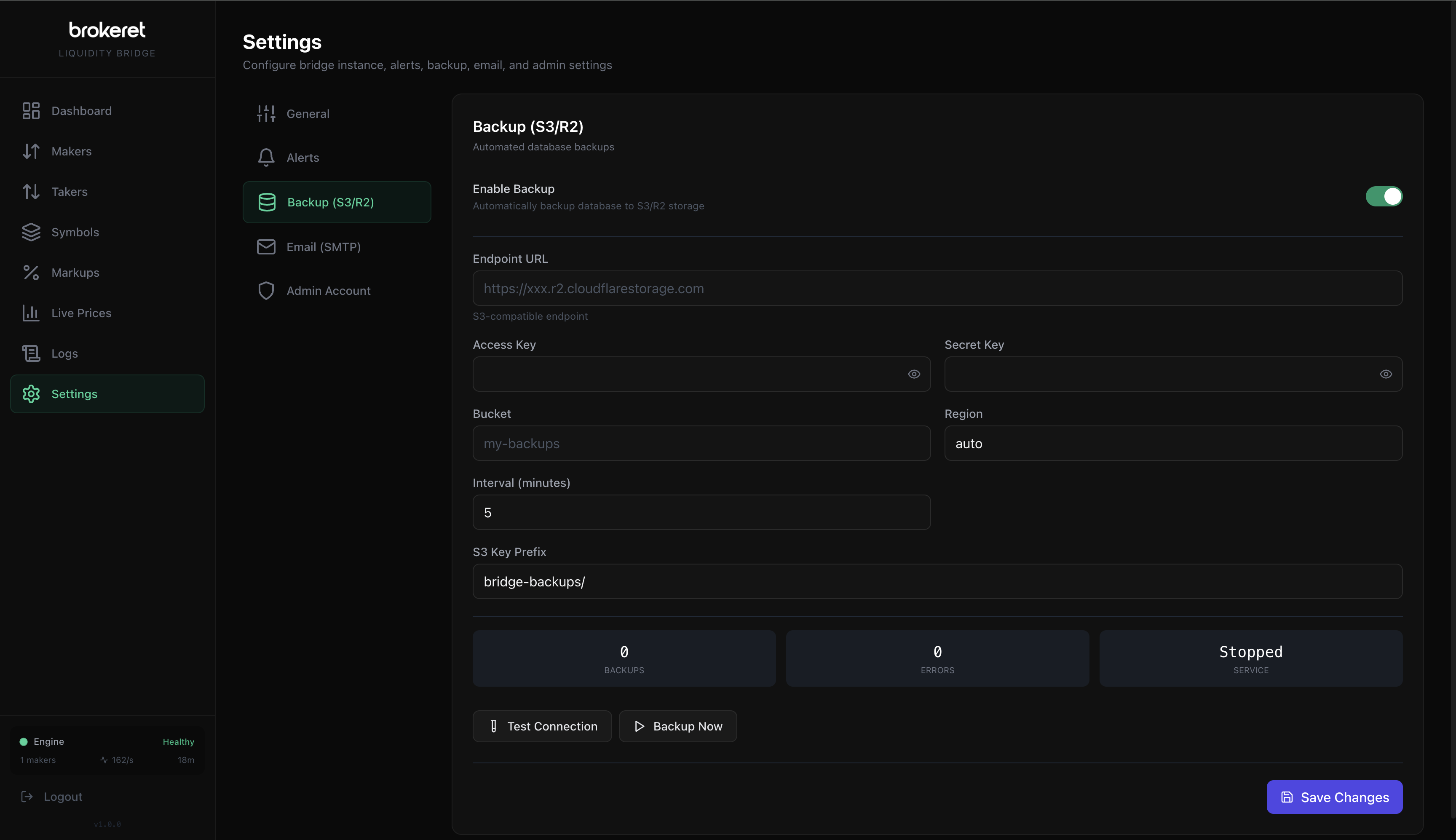 LiquidityBridge Backup Settings — automated S3/R2 backups with test connection and manual backup