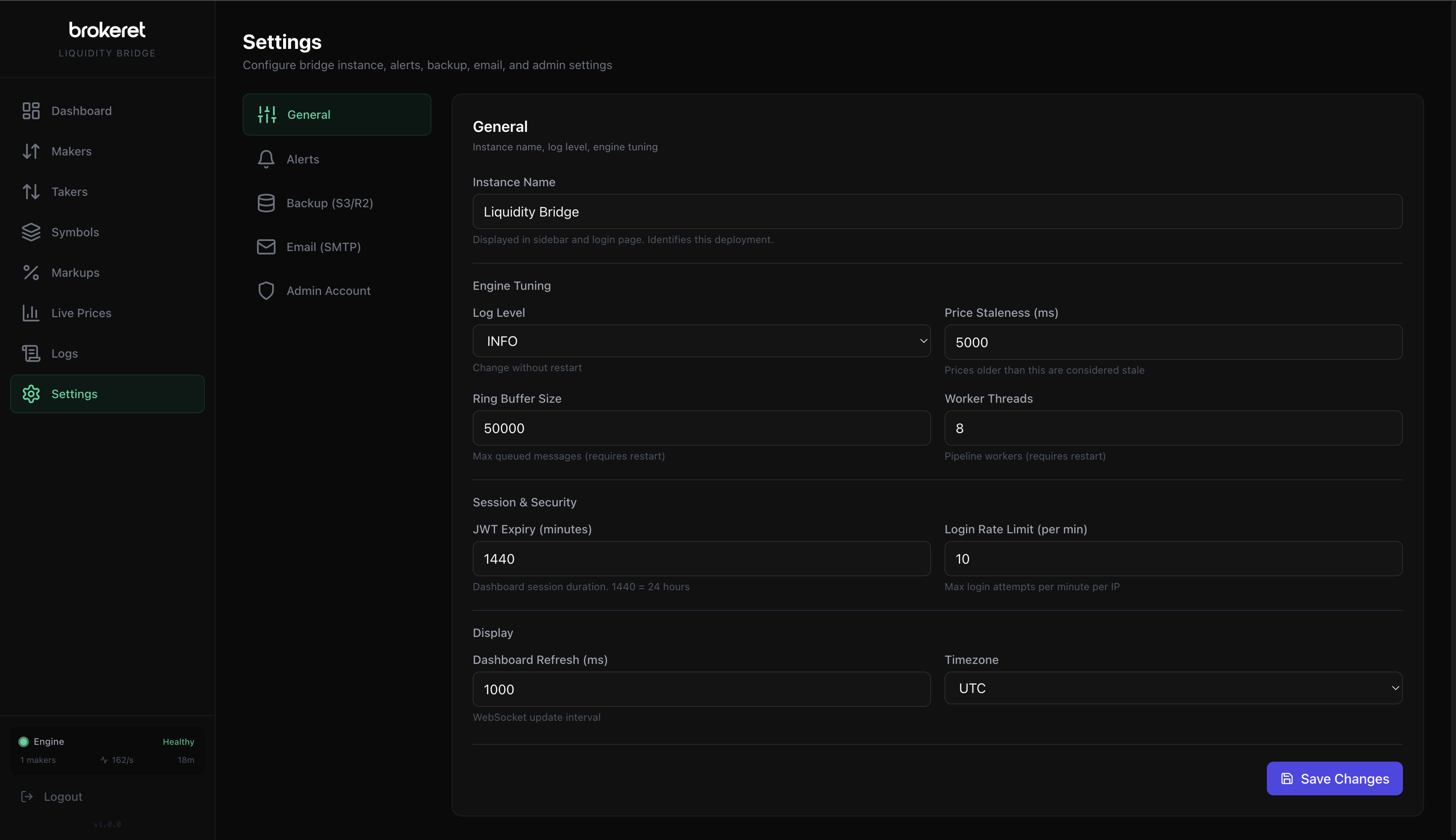 LiquidityBridge General Settings — engine tuning, session security, and display configuration