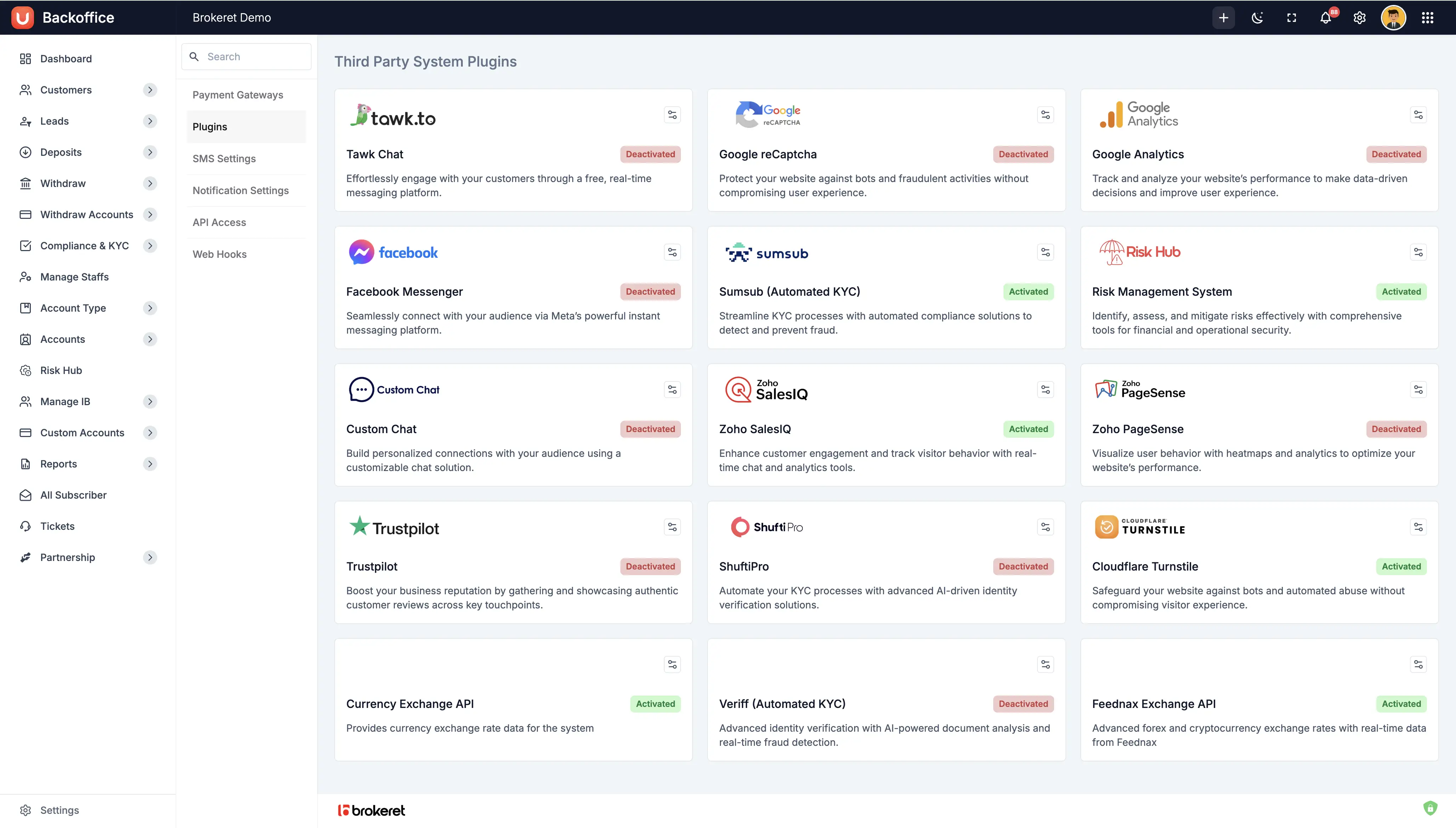 Forex CRM Plugin Management Interface - Manage third-party integrations, payment gateways, and trading platform plugins with easy installation and configuration