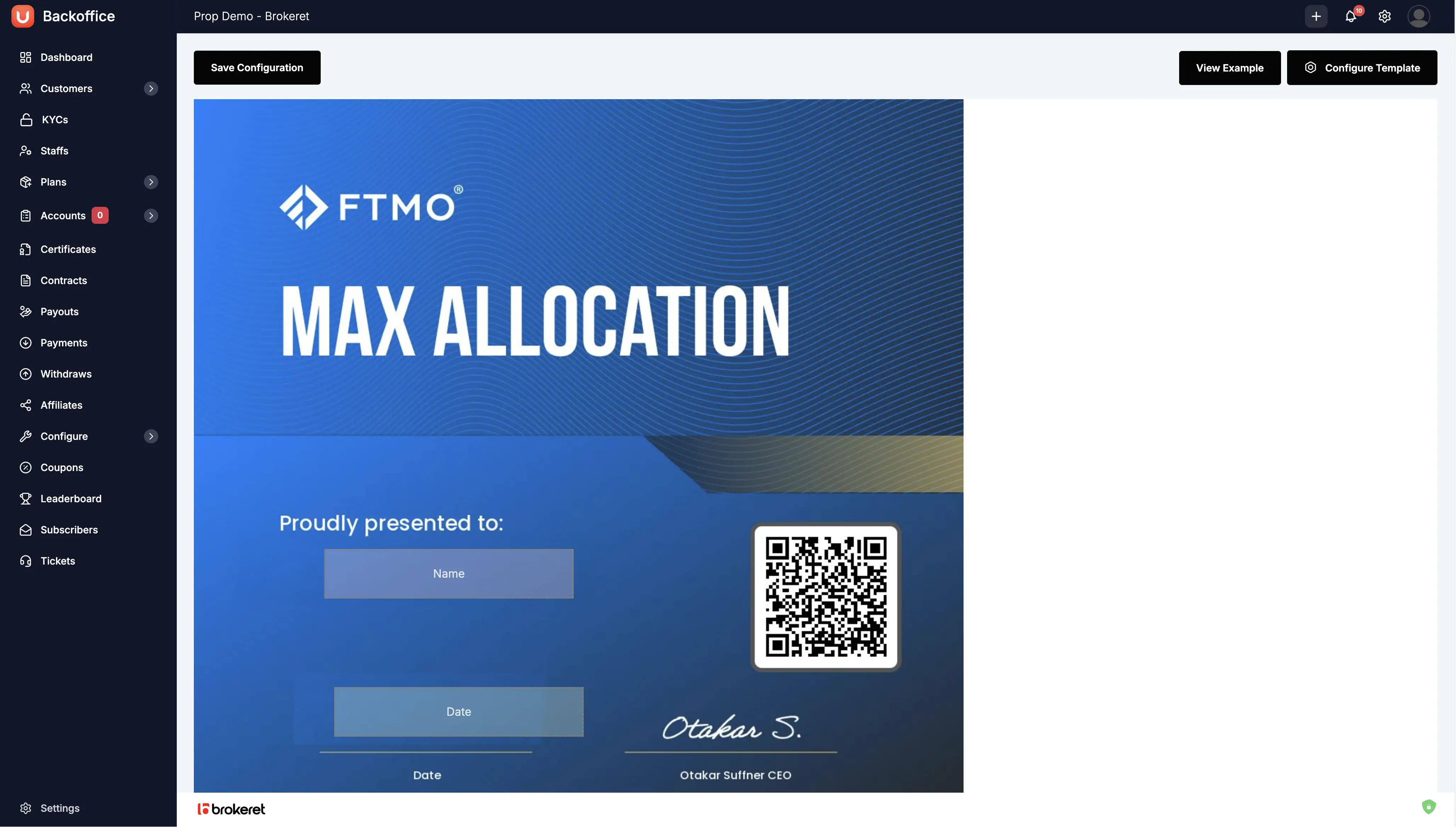 Prop Trading CRM Certificate Configuration - Customize trader certificates, achievement badges, and completion awards for successful challenge participants